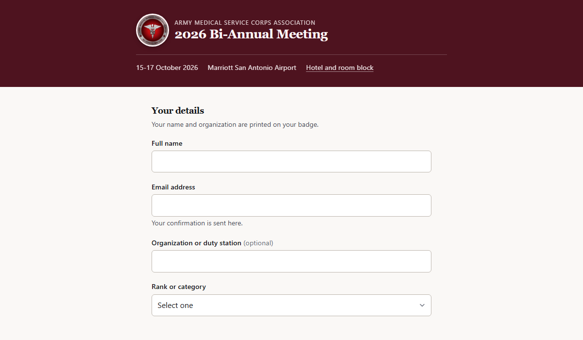 The Army Medical Service Corps Association 2026 Bi-Annual Meeting registration page: masthead, dates, and the first form fields.