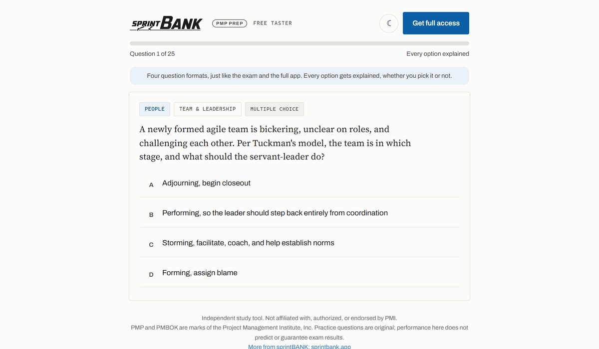 The sprintBANK PMP taster running a question: domain and task tags above the question, with four answer options.